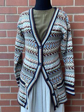 Vintage Cardigan Sweater 70s Collage Space Dyed Multicolored Chevron Printed XS